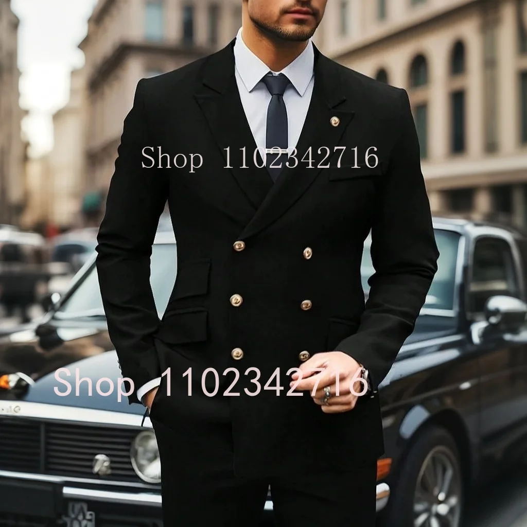 

Classic Black 2 Piece Men Suits Double Breasted Notched Lapel Groom Wedding Tuxedo Formal Prom Party Male Suit Jacket Pants Set