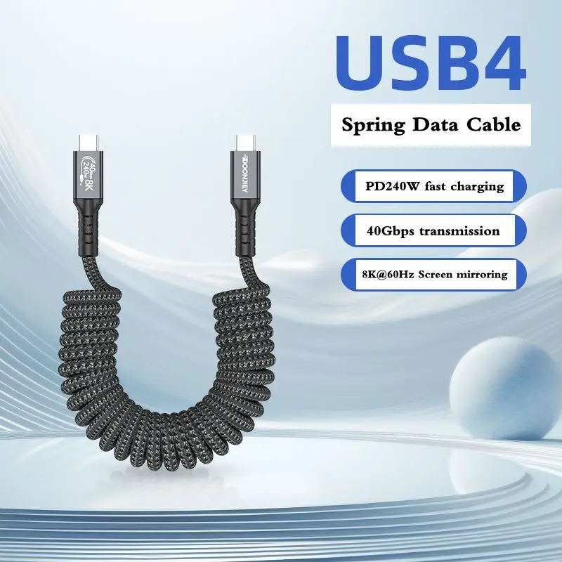 1.2m Thunderbolt 4 Full Function Spring Data Cable Bend Type-C Male to Male 8K Projection 40Gbps Transmission 240W Fast Charging