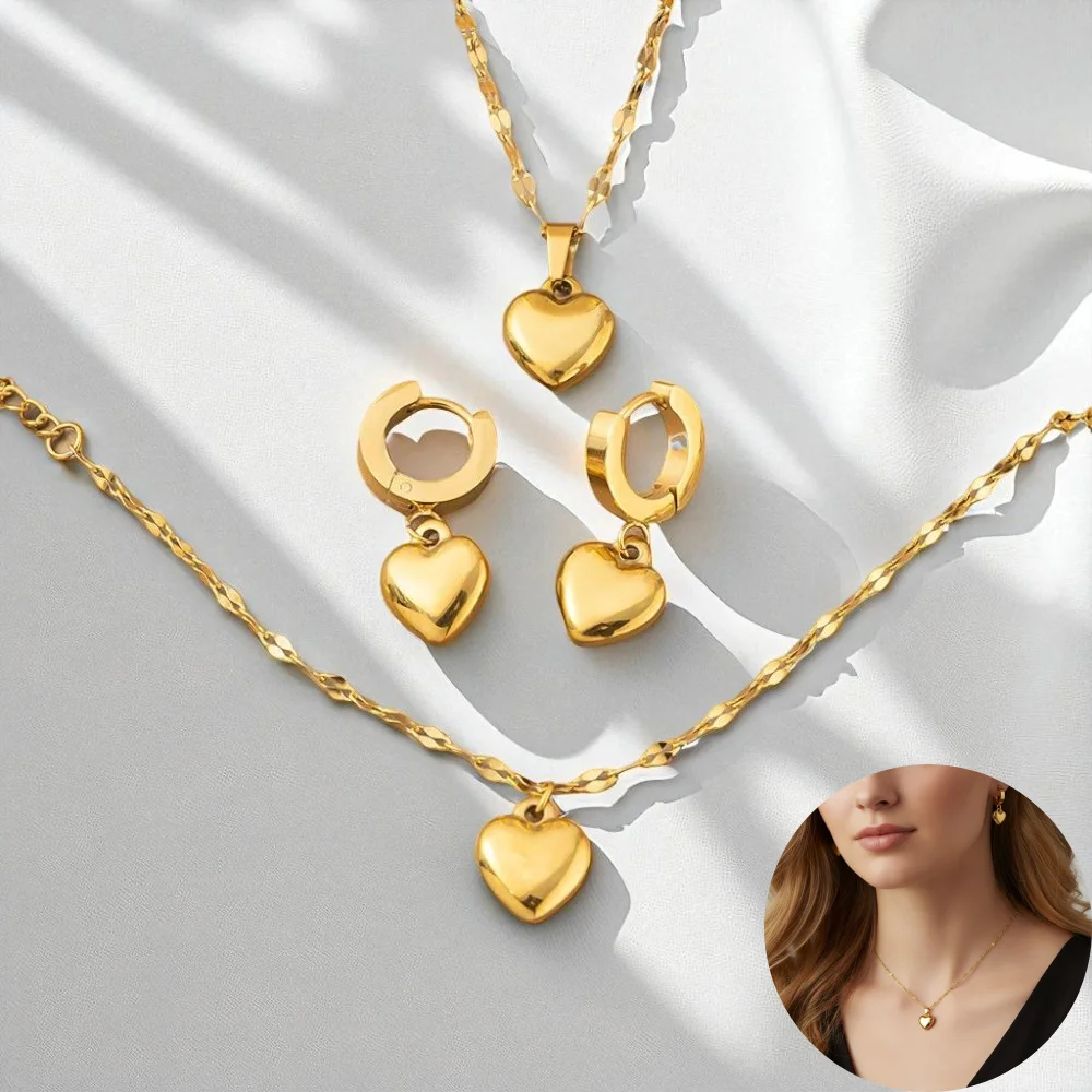 4pcs 2026 Gold Puffy Heart Jewelry Set for Women Satellite Chain Necklace Huggie Earrings Set Dainty Heart Jewelry Gift Woman