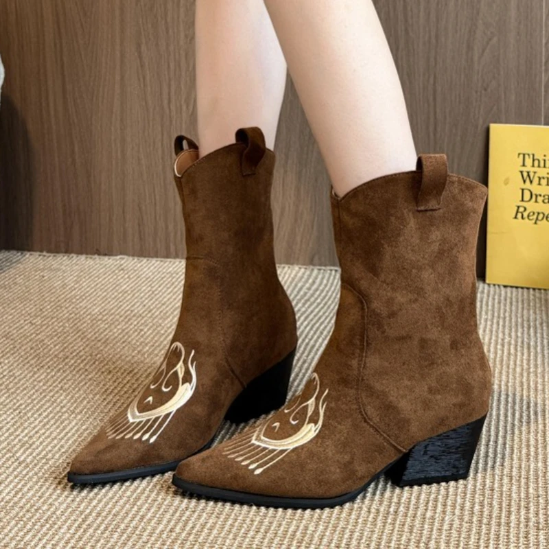 

Women's Boots High Heels Pointed Toe Shoes Suede New Western Boots Designer 2025 Winter Gladiator Goth Woman Chunky Pumps Botas