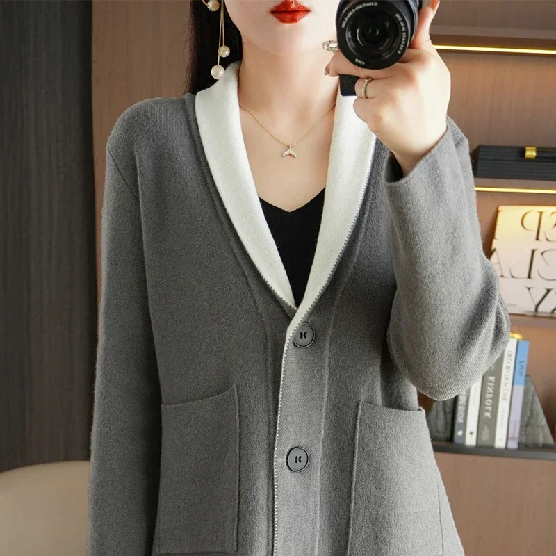 100% Pure Wool Knitted Women's Lapel Cardigan Trendy and Fashionable Women's Knitting New Full Sleeved Wool Short Jacket Sweater