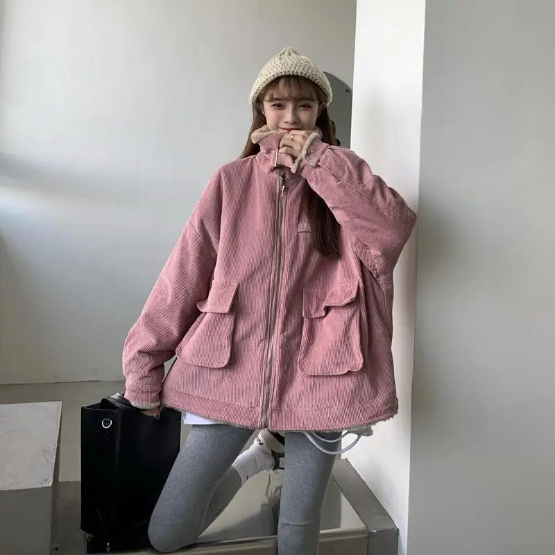 

Women Corduroy Cotton Winter Loose Lamb Fur Coat Down Collar Workwear Trendy Top New Sle Fashion Outerwear