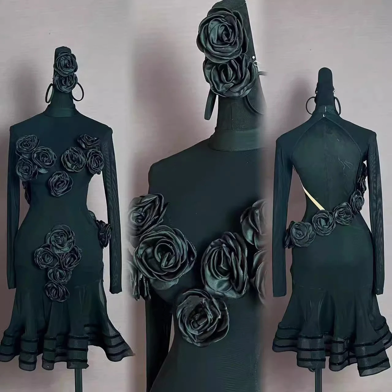 

Платье для латиноамериканских танцев, элитное, на заказ, с сетчатыми объемными цветами, для танго, детское и взрослое, сценическое, профессиональное