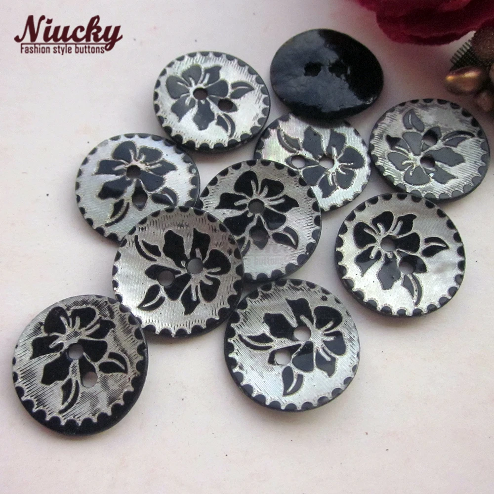 Niucky 15mm Black Laser Rose Akoya Shell Buttons For Sewing 2 Holes Akoya Shell Shirt Cardigan Buttons S0101-018