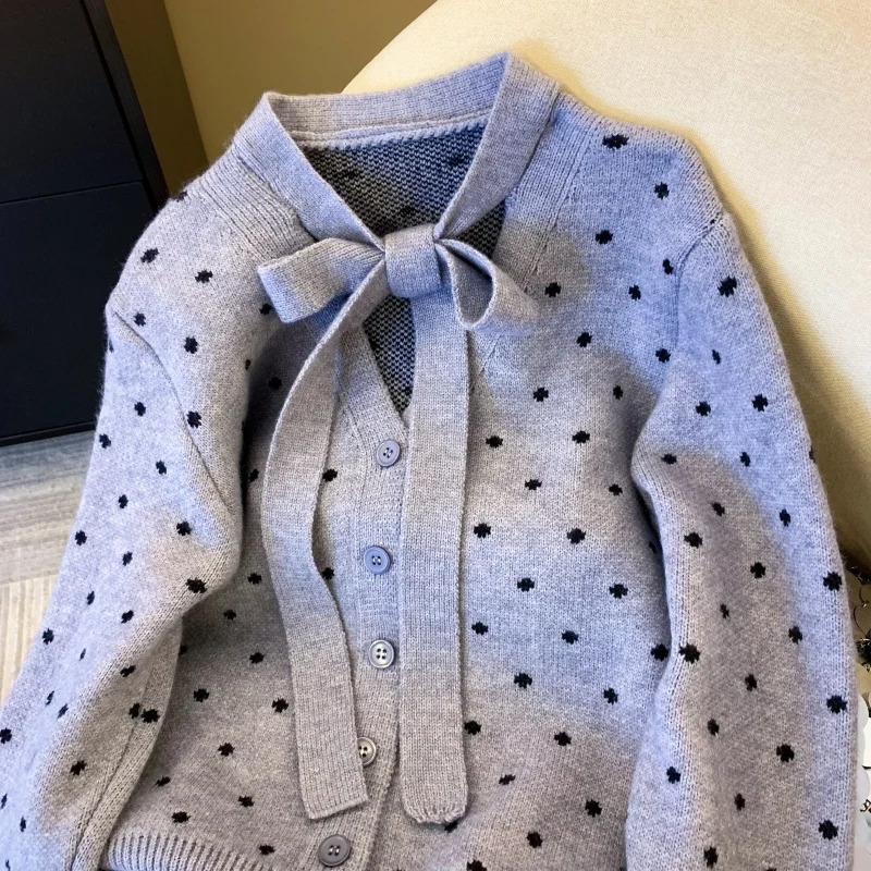 Camisola feminina cinza cardigan dot com decote em v rendas laço topos jumpers 2025 outono manga longa moda senhoras coreanas malhas