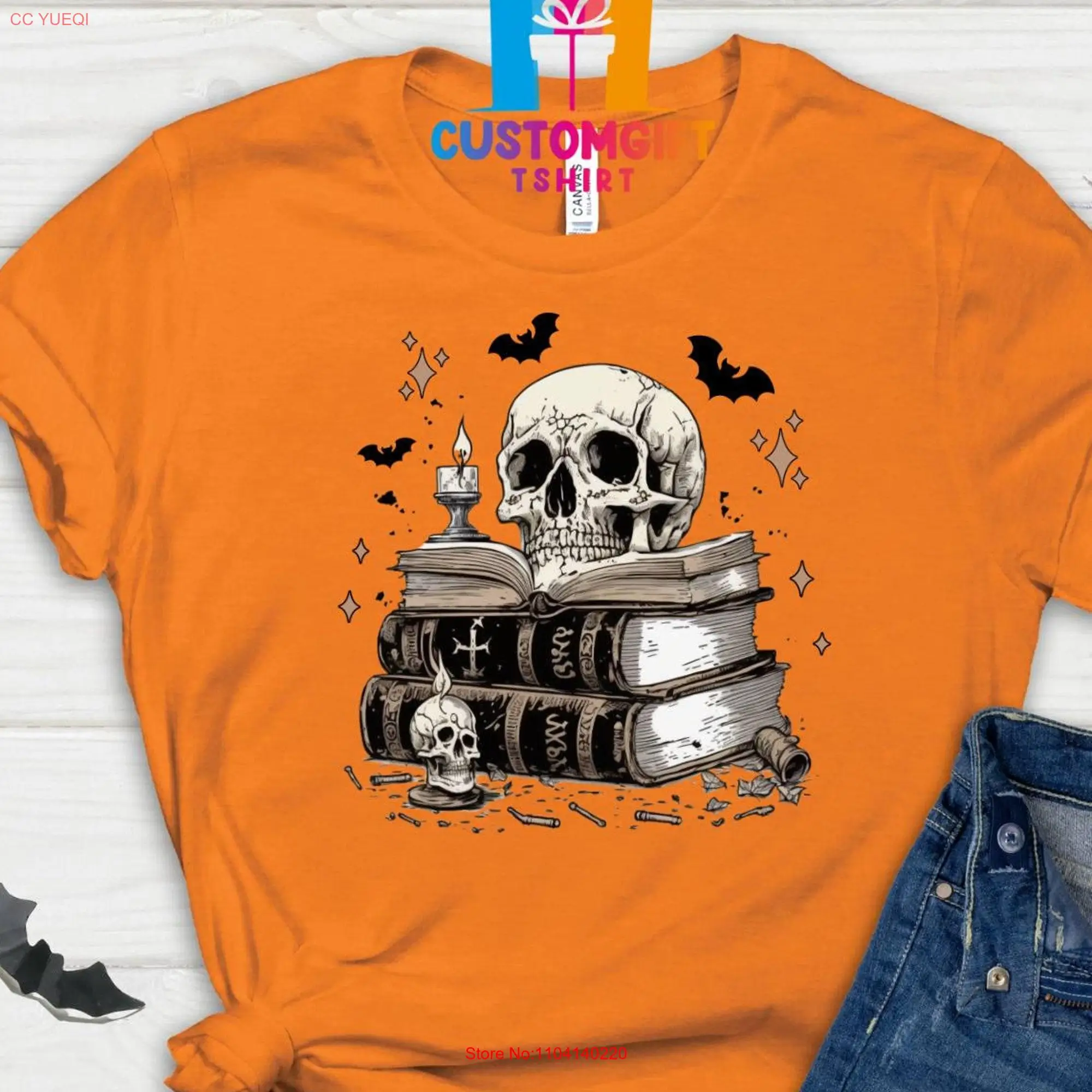 Spooky Skull T Shirt Scary Books Freaky Halloween Horror Stories Creepy Skeleton Witch Bats long or short sleeves