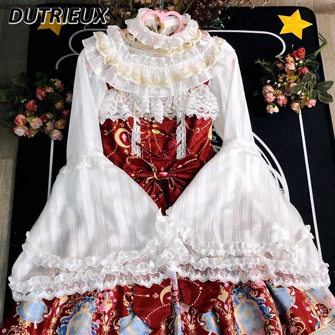 Lolita-Chemisier original doux et mignon pour fille, haut intérieur à col ras du cou, Phnom Penh, rayé, corne, manches longues, chemise en mousseline de soie couvertes