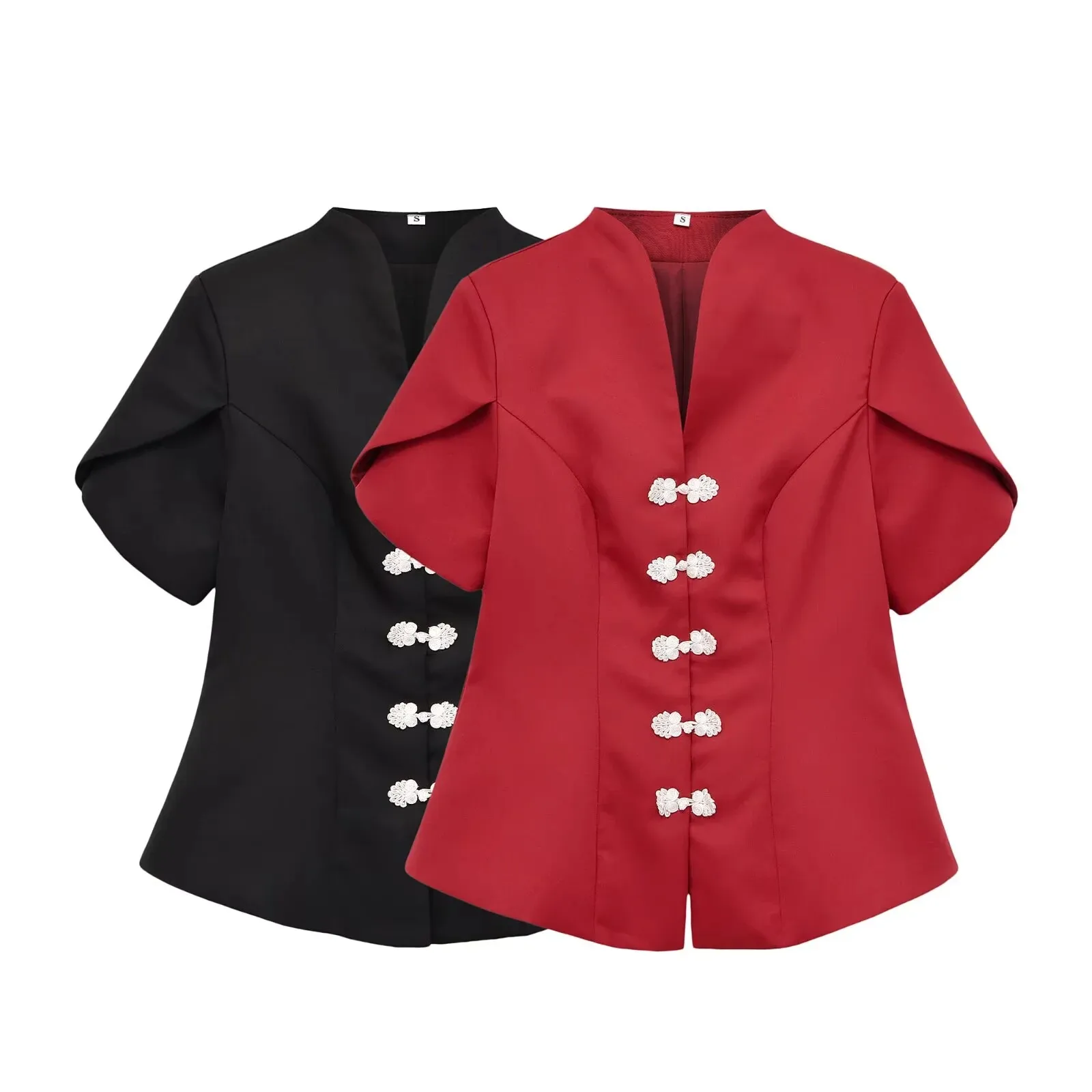 European and American style 2026 autumn new vintage elegant simple fashion slim-fitting button-up short-sleeved stand-collar top
