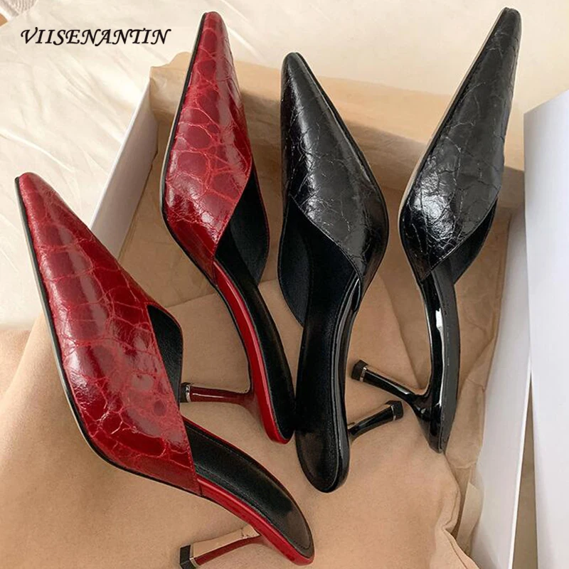 2024 Spring Women Slippers Close Pointed Head Thin High Heel Mules Shoes Ladies Outdoor Wear Slides Slip on Dress Sandals Shoes