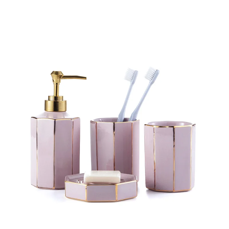 4pcs Pink Gold-plated Ceramic Bathroom Wash Set Hotel Toiletries Bathroom Accessories Home Furnishing Decoration Soap Dish