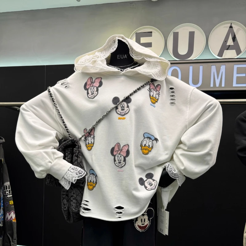 เสื้อฮู้ดดี้ปักลายการ์ตูนลูกไม้หนา สำหรับผู้หญิง แฟชั่นหลวม ดีไซน์สวยทันสมัย เสื้อฮู้ดดี้ใหม่ประจำฤดูใบไม้ร่วงปี 2025