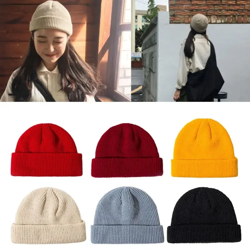 Unisex Winter Ribbed Knitted Cuffed Short Melon Cap Solid Color Skullcap Baggy Retro Ski Fisherman Docker Beanie Hat Slouchy