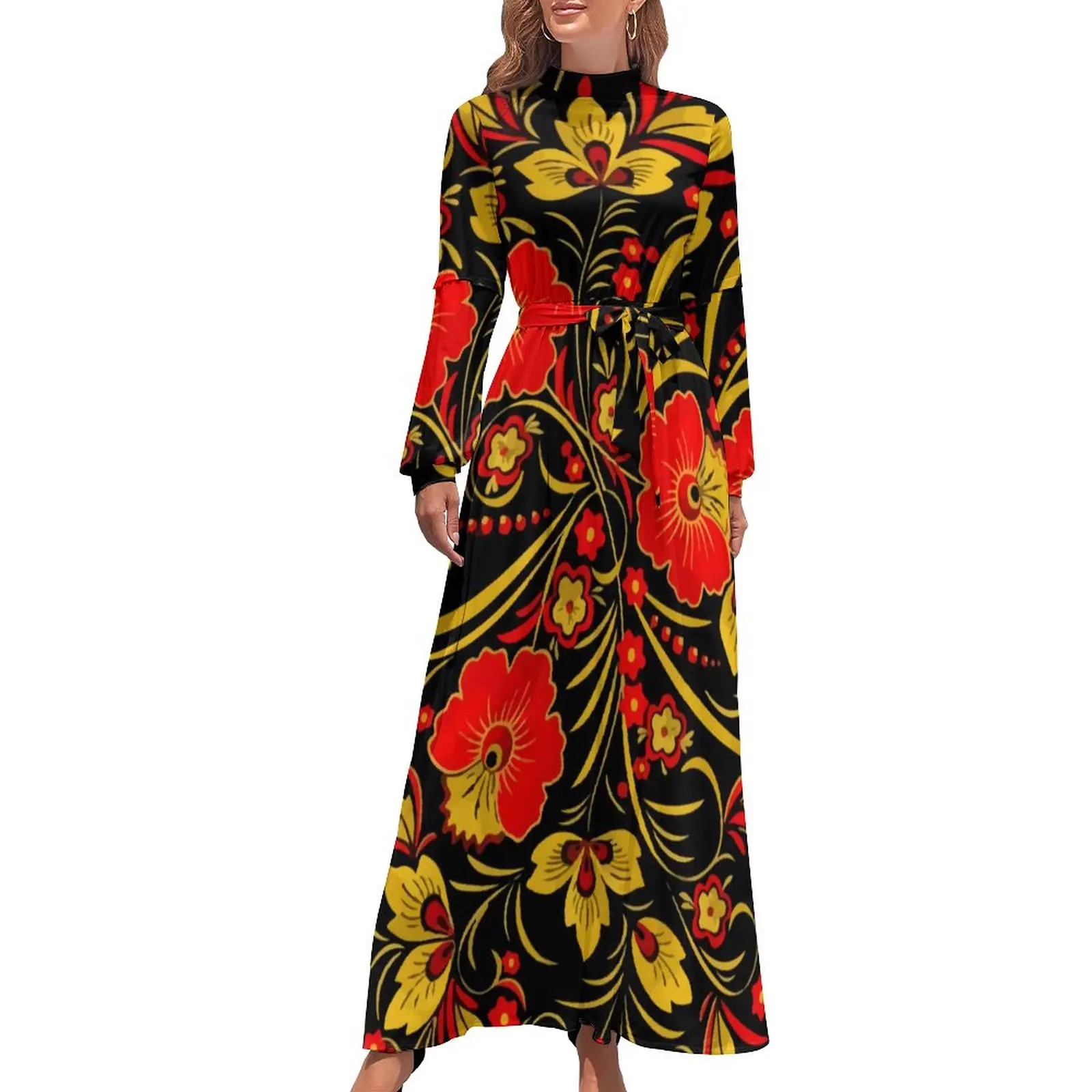 Russian Red Flower Dress High Waist Retro Floral Print Bohemia Dresses Long Sleeve Stylish Long Maxi Dress Trendy Vestidos