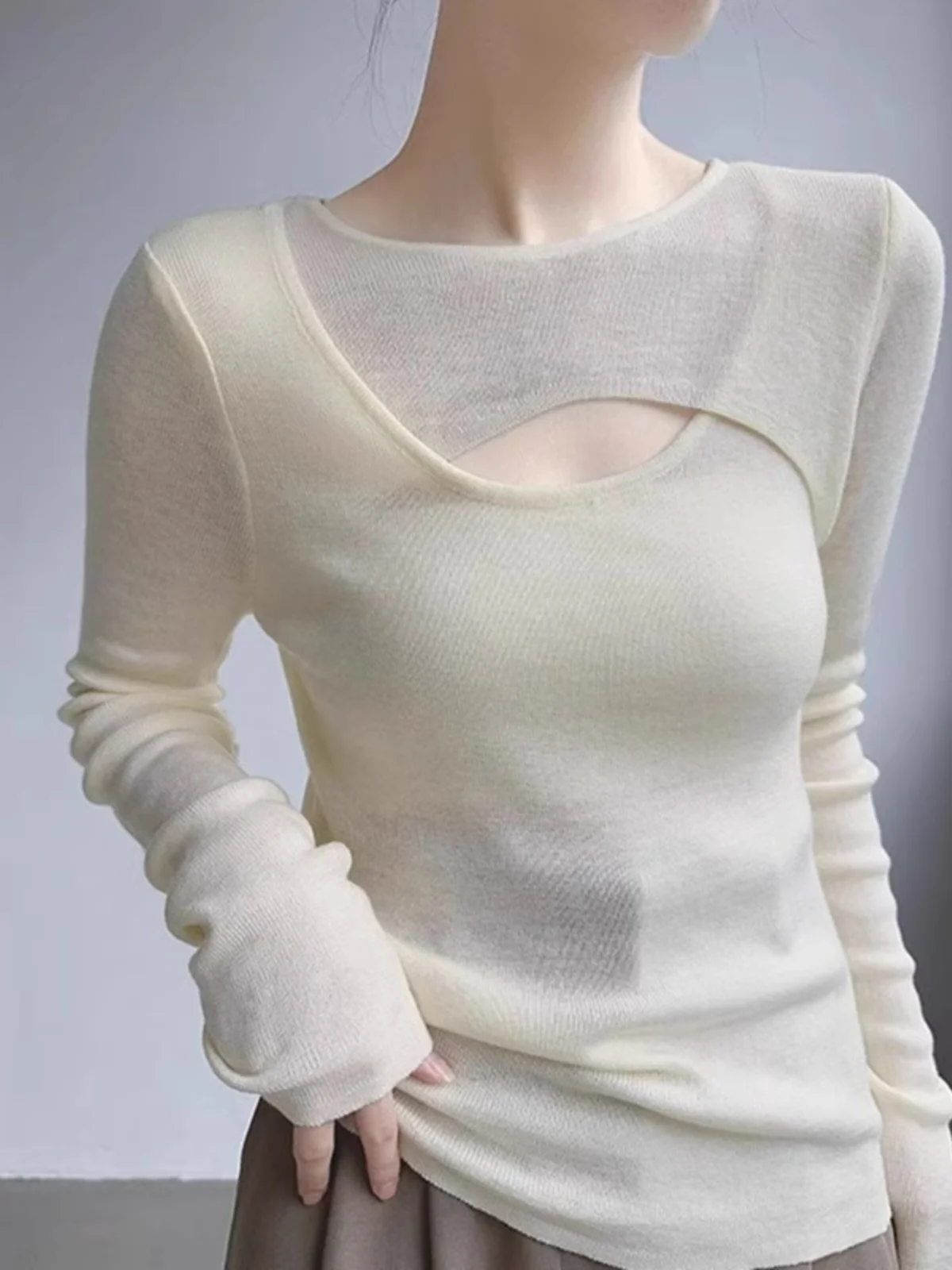 

Design Sensation Hollow out Knitted Sweater Women's Autumn Winter Fashionable Inner Wear Base Shirt Special Design Top