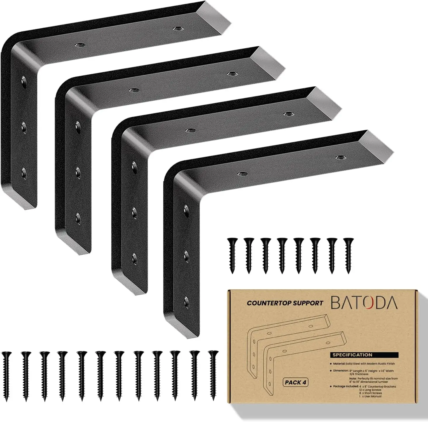

Heavy Duty 8" Countertop Support Brackets (4 Pack) - 500 lbs Capacity, Black Wall Mounted Shelf Bracket for Granite, Wood Shelves