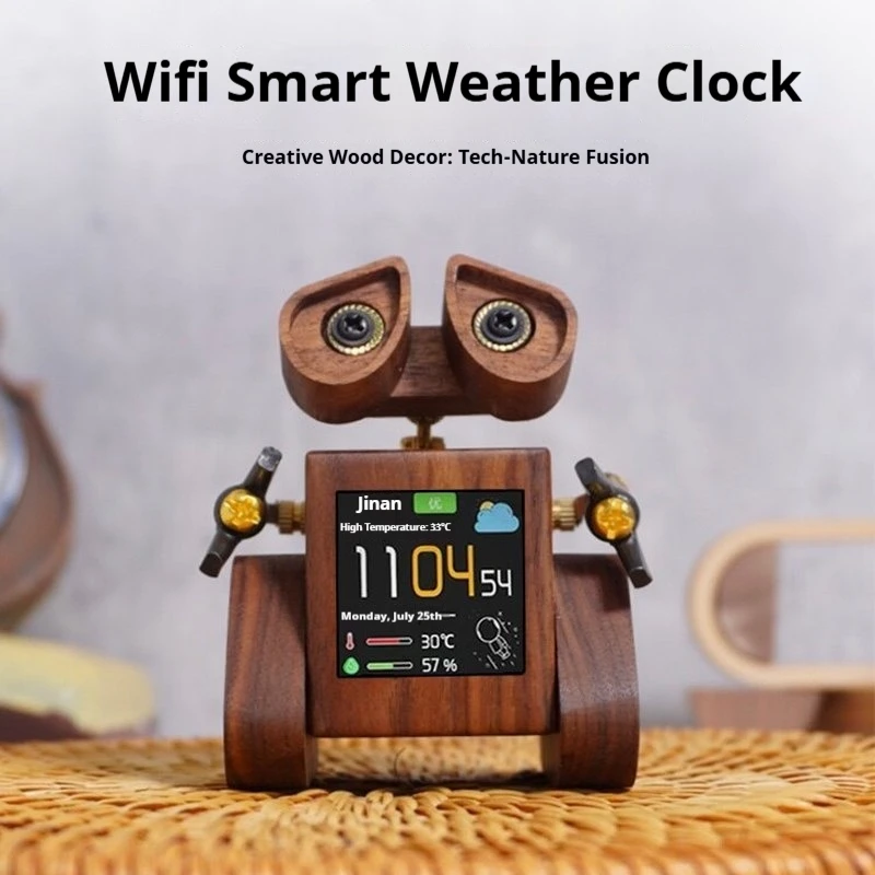 

Робот-будильник WALLE Style из орехового дерева с Wi-Fi и отображением погоды, настольное украшение, креативный подарок на день рождения для дома и офиса