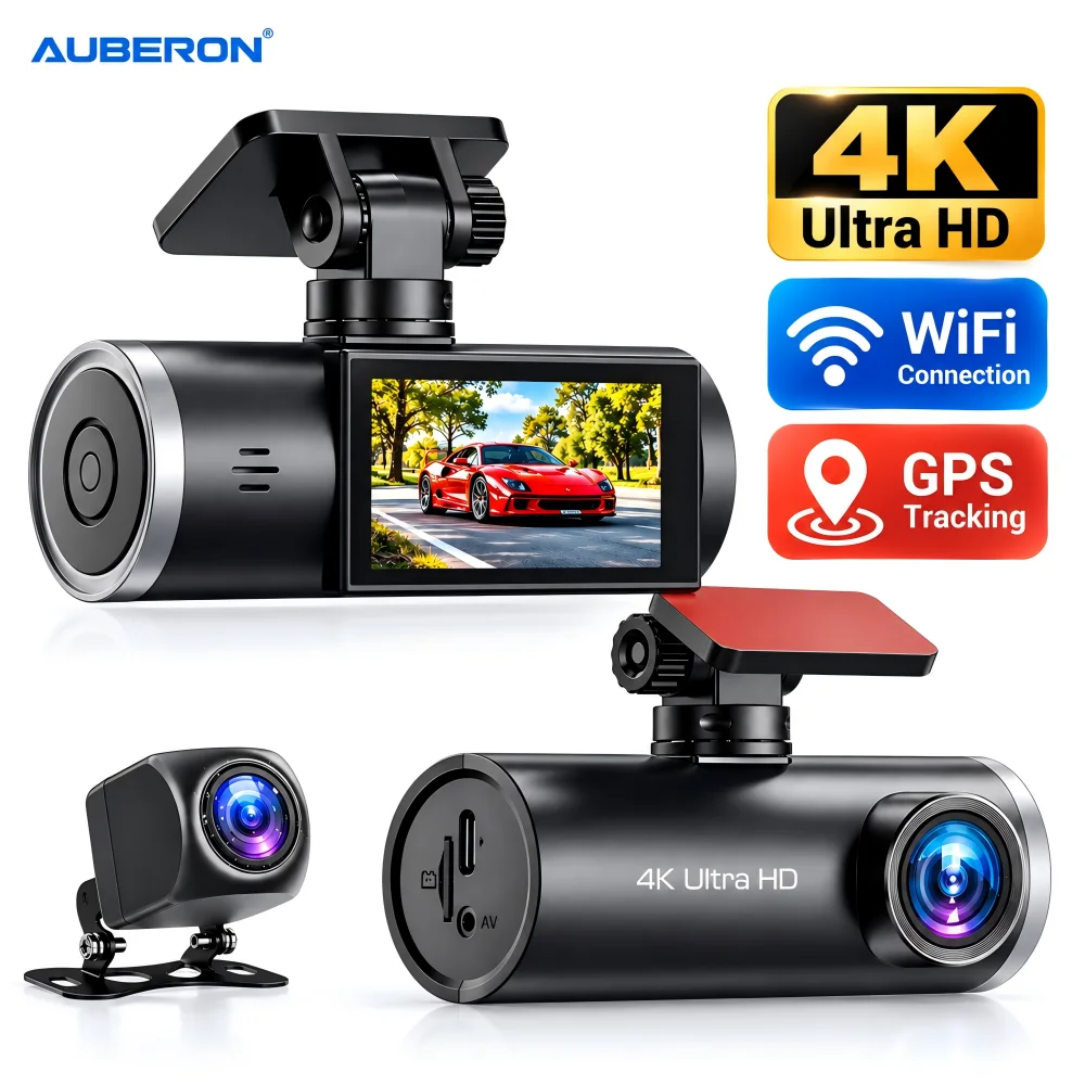 Cámara para Auto AUBERON 4K con Doble Lente, 4K Frontal + 1080P Trasera, WiFi, Visión Nocturna, Sensor G, Grabación en Bucle, DVR para Vehículos