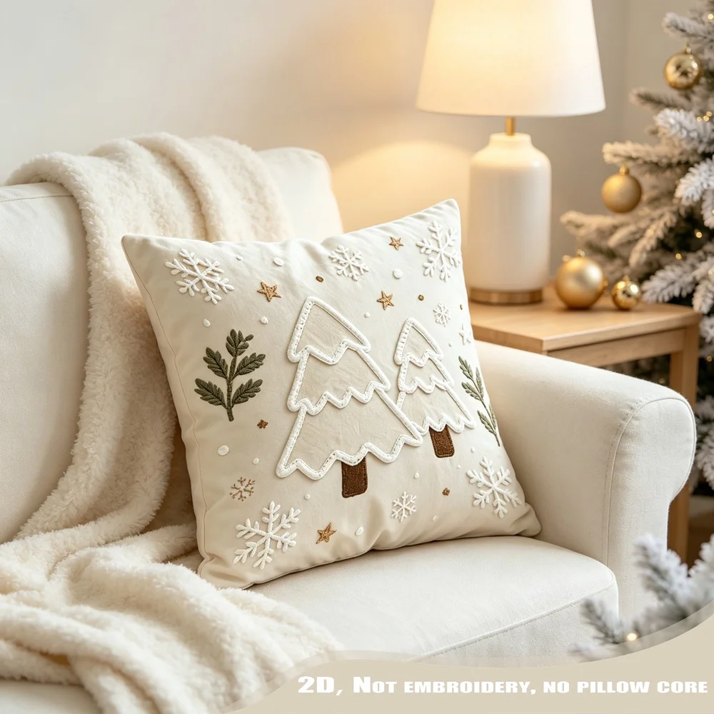 1PC White Christmas Tree Beige Pillow CoverPolyester Cushion Case for Sofa Couch Living Room Bedroom Home Decor