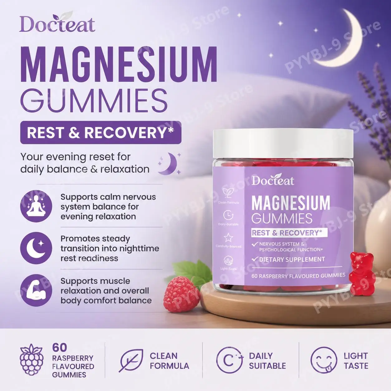 Docteat Magnesium Citrate Gummies High Absorption Supplement for Muscle, Nerve, Bone & Heart Support, Raspberry Flavour 60 Count