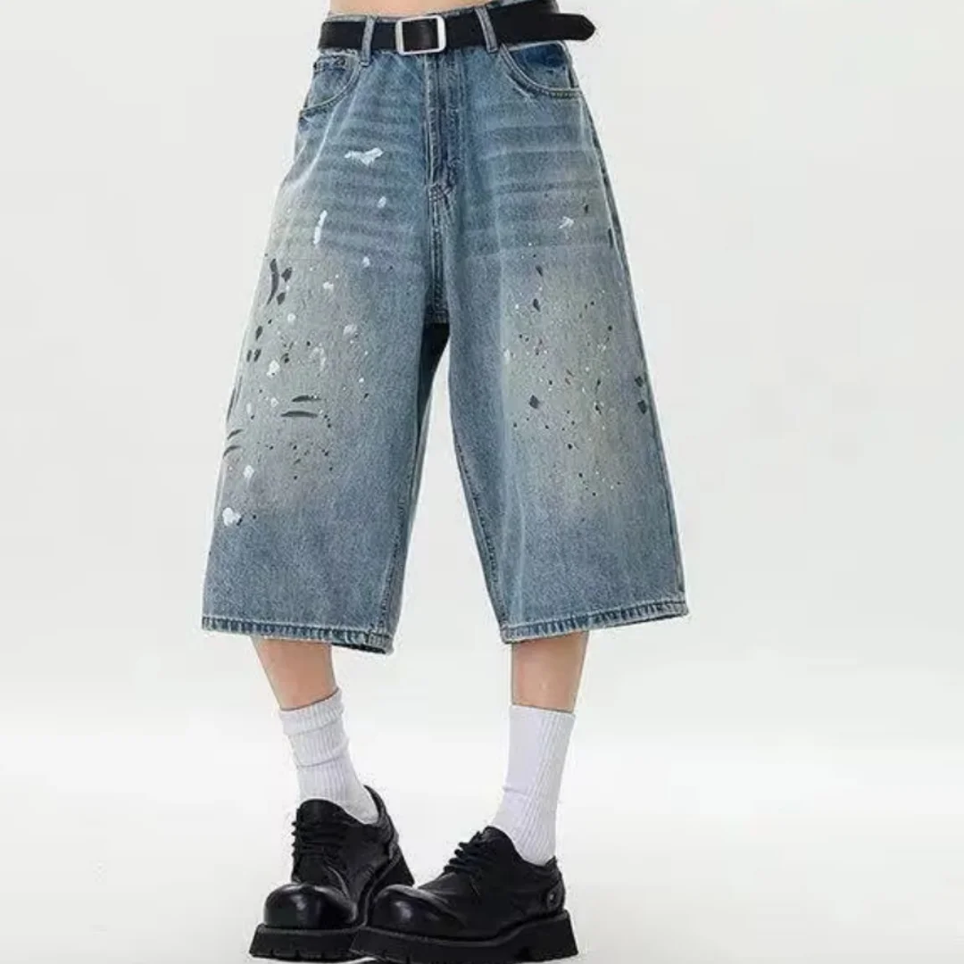 Pantalones Vaqueros de Moda para Hombre, Estilo Splash-Ink, Color Contrastante, Shorts Casuales de Verano, Corte Recto, Jeans Masculinos, Ropa de Nicho para Hombre
