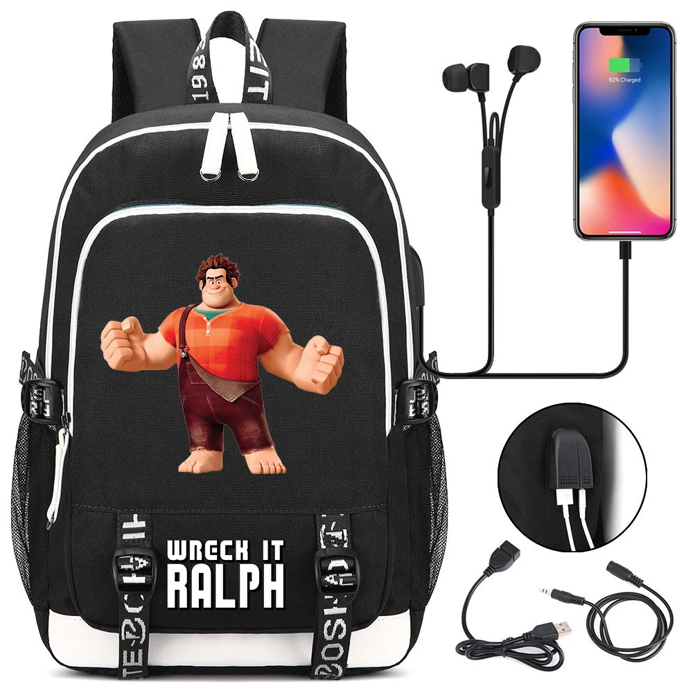 MINISO Wreck-It Ralph School Backpack Teenager USB Charging Laptop Casual Travel Backpack Boys Girls Student Book Bag Rucksack