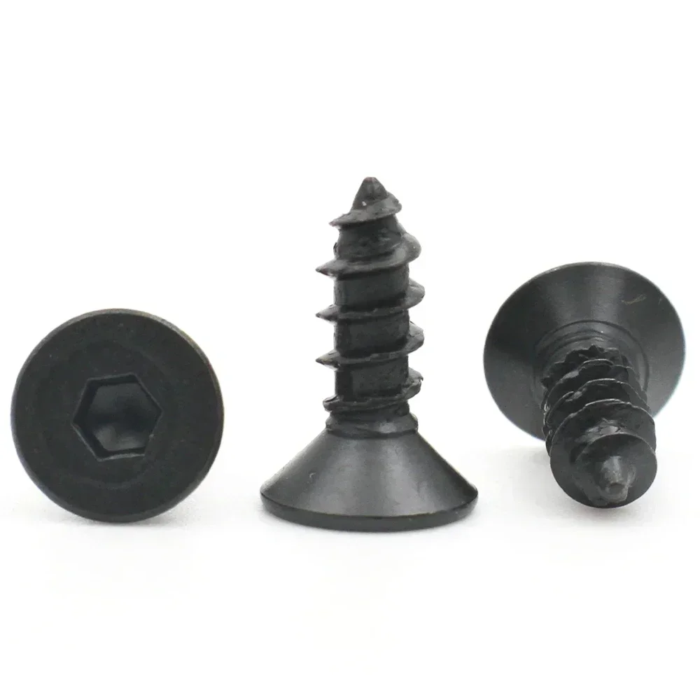 10-200pcs M2 M2.3 M2.6 M3 M4 M5 M6 Black Carbon Steel Hexagon Socket Hex Flat Countersunk Head Self Tapping Screw