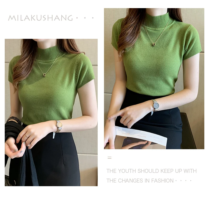 Halbhohes T-Shirt für Damen, modischer Pullover, lässige Oberteile, koreanischer Stil, elegante einfarbige Kleidung, Frühlings- und Sommersaison – Detail 9