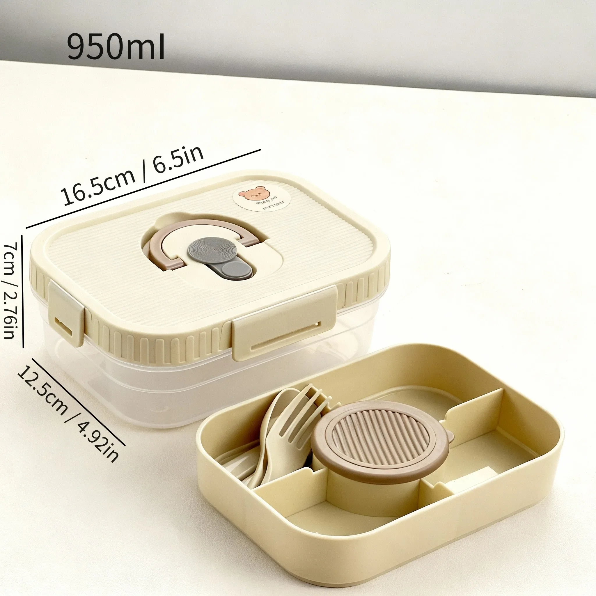 Draagbare, dubbele lunchbox van kunststof met vakken, inclusief sausbakje en bestek, groot volume, geschikt voor fruit, salades en andere voedingsmiddelen, en magnetronbestendig.