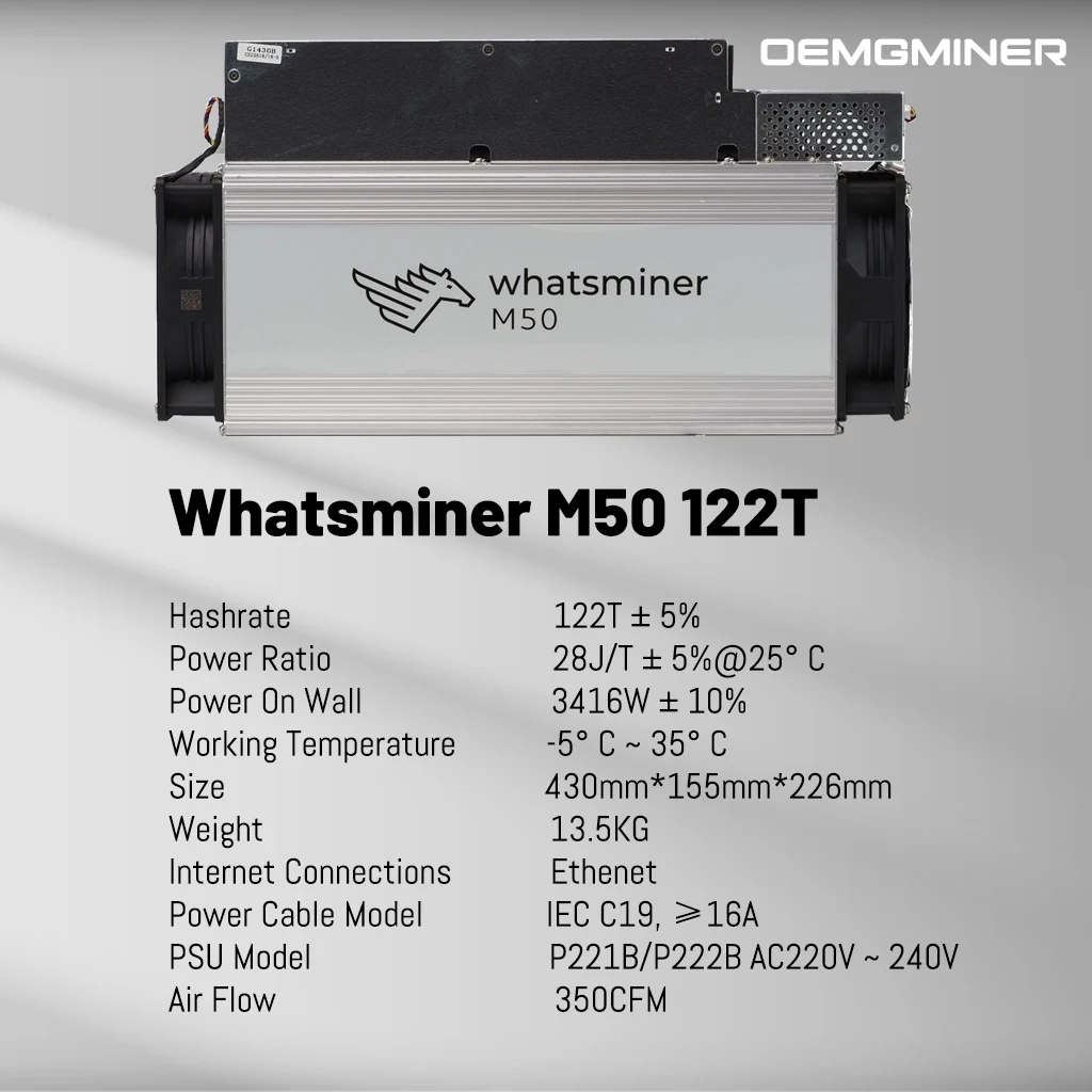 New Whatsminer M50 122TH/s 3416W SHA-256 Algorithm 122T Asic Miner BTC Bitcoin Miner with PSU