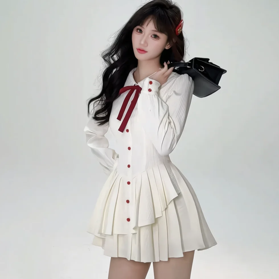 Japan Autumn Kawaii School Uniform Women Korean Cute College Student JK Uniform Vintage White Shirt Dress