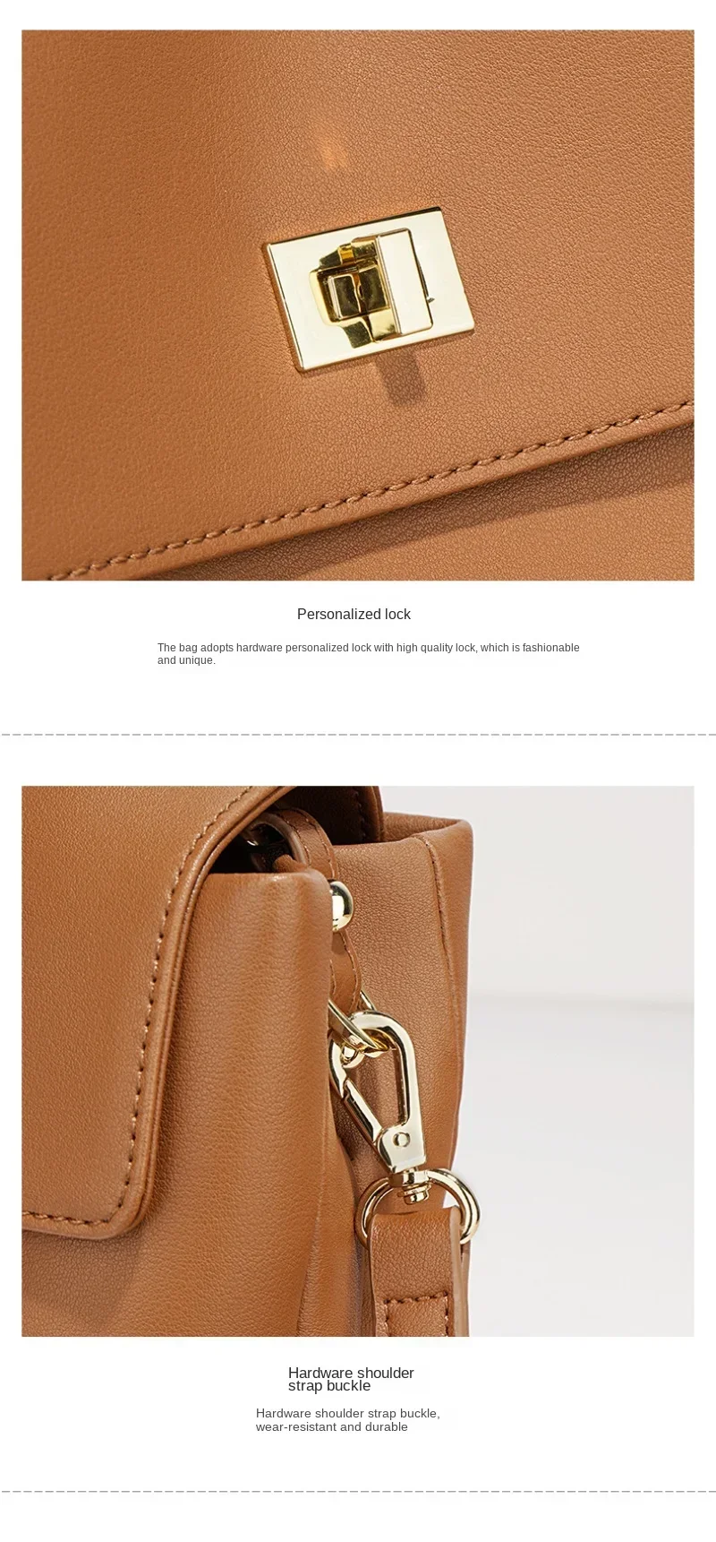 Texture Soft Cowhide Leather Retro Small Square Bag with Fashionable Rotation Lock Buckle Leather Shoulder Crossbody Female Bag