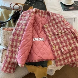 Wool & Blends Korean Tailored Coat Winter Temperament Pink Plaid Jacket Women Quilted Coats Cotton Jaquetas Chic Fashion