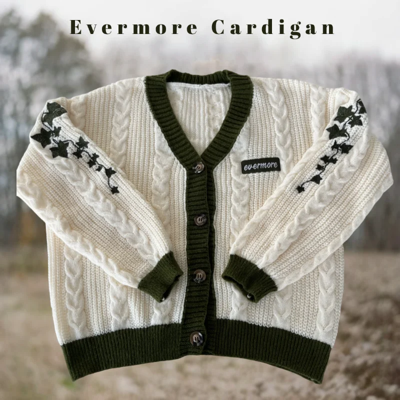 3XL Evermore Cardigan Women Vines Embroidery Sweater Fashion Flower Folklore Knitted Cardigans Plus Size Letter Patch Sweater