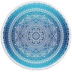 BeddingOutlet Bohemian Round Beach Towel Sky Blue Tassel Mandala Tapestry Yoga Mat Floral Toalla Sunblock Boho Blanket 150cm