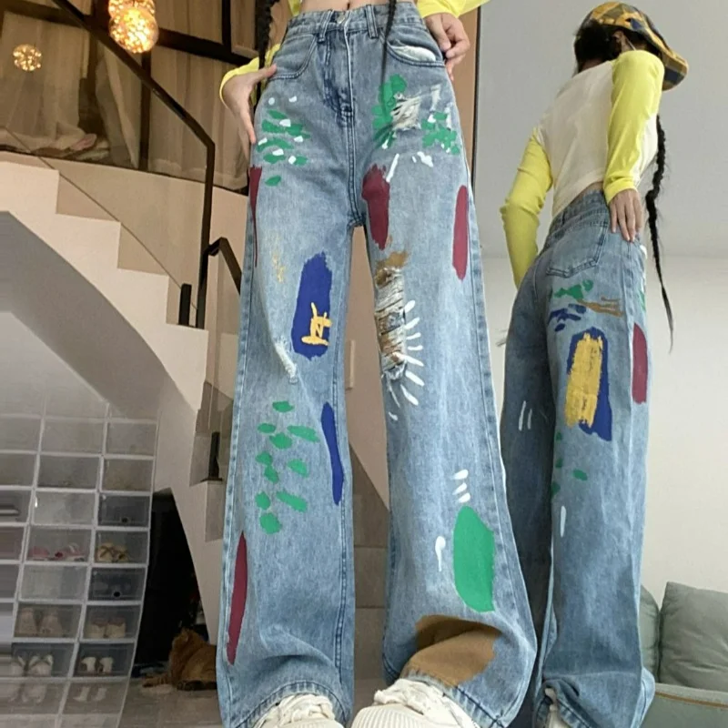 

American Vibe Retro Graffiti Design Jeans Women's New Niche High Waist Loose Sag Slim Straight Leg Pants Tide Comfortable Jeans