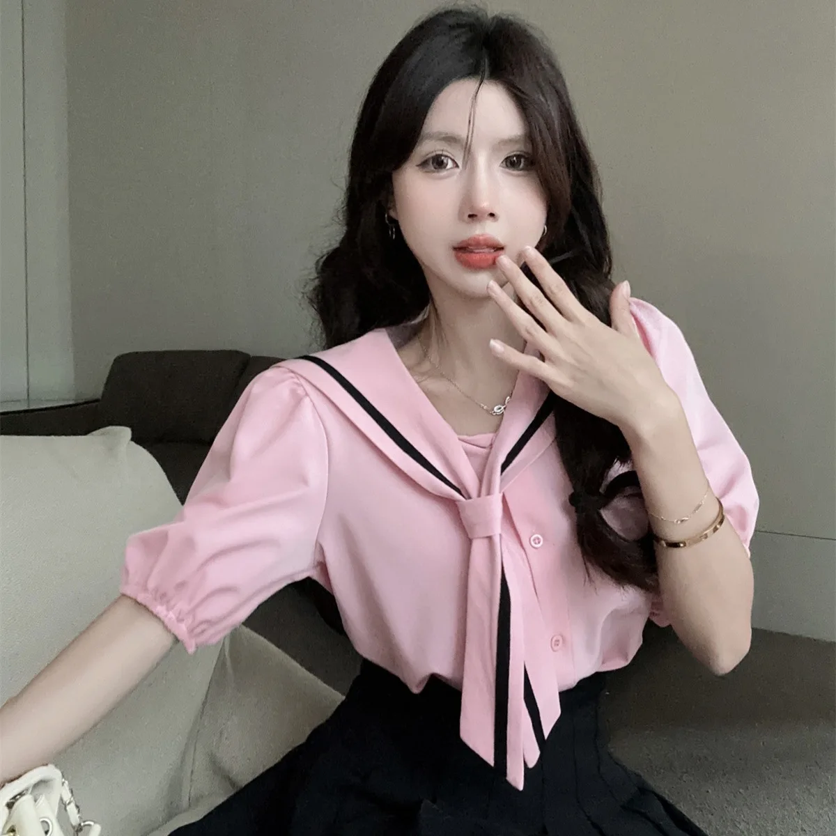 New Japanese Korean Style Girl Uniform Daily Two Piece Set Pink Short Puff Sleeved Shirt Black High Waisted Pleated Skirt Summer