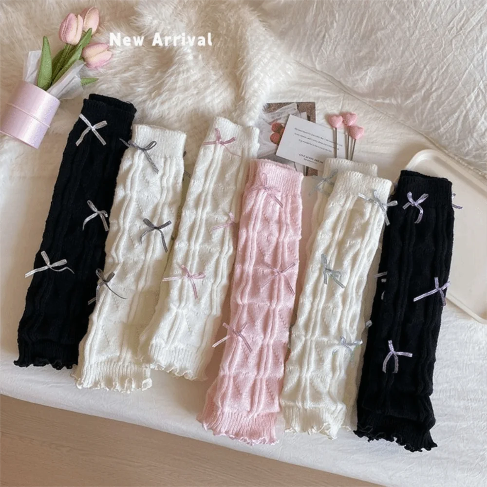 Korean Style Solid Color Leg Warmers Knitted Bow Ribbon Foot Cover Lace Trim Ballet Style Children's Foot Warmer Children Wear