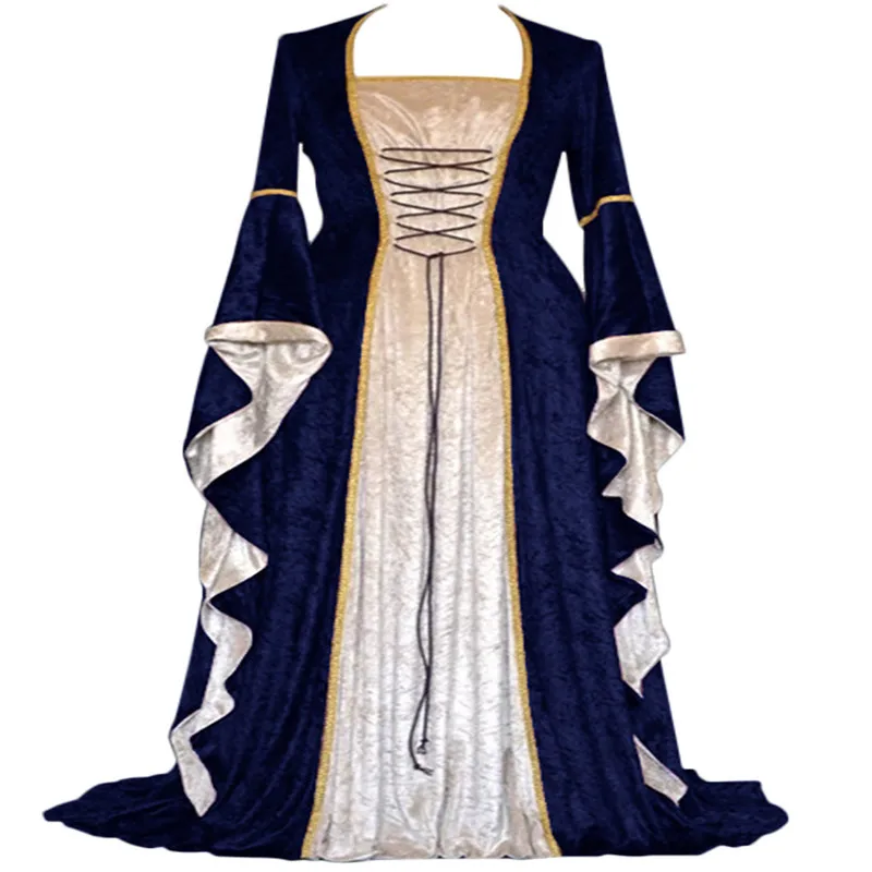 American Gold Velvet Strappy Flared Sleeve Vintage Medieval Long Floor Length Dresses Women's Long Dresses Play Costumes