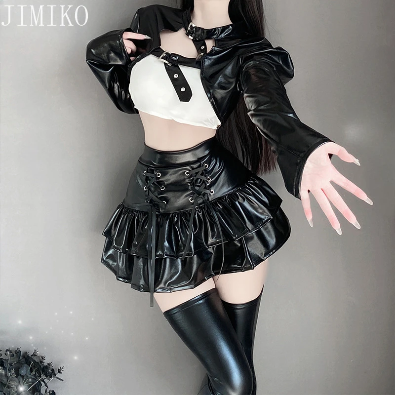 2024 Halloween Gothic Faux Leather Wet Black Top manica lunga e minigonna Clubwear abiti Sexy Anime giapponesi Kawaii Cosplay