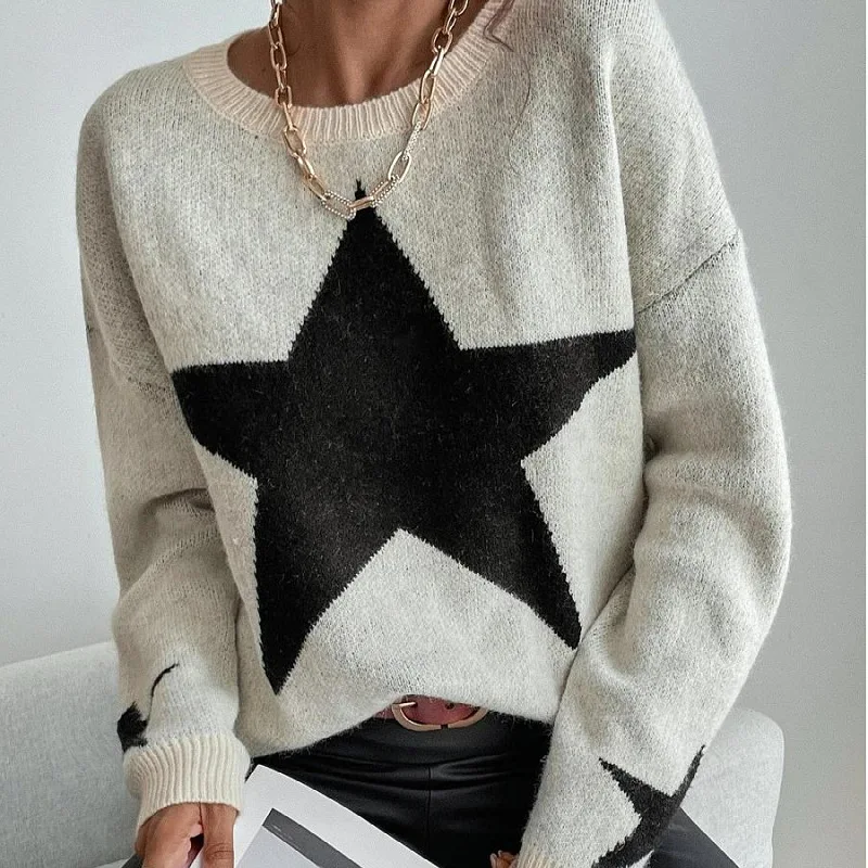 2025 Spring New Women's Star Sweater Pullover, Round Neck Ribbed Elegant and Stylish Knitted Sweater Jacket for Women