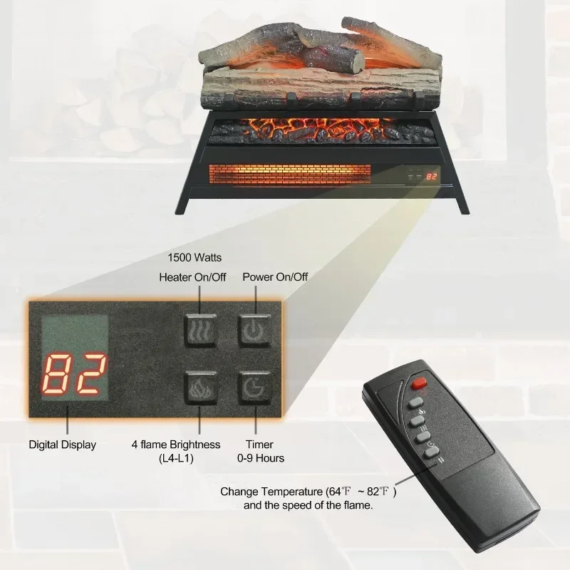 1500W Heat 5000 BTU 23 Inch Infrared Fireplace Heater for Indoor Remote Control Electric Fireplace 3D Log Set Insert