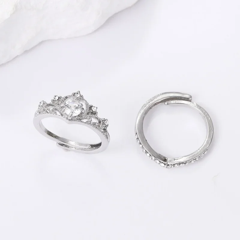 Exquisite New Crown Princess Zircon Wedding Ring Open Ring Set 2-Piece Set For Temperament And Sweet Ladies Jewelry Gift