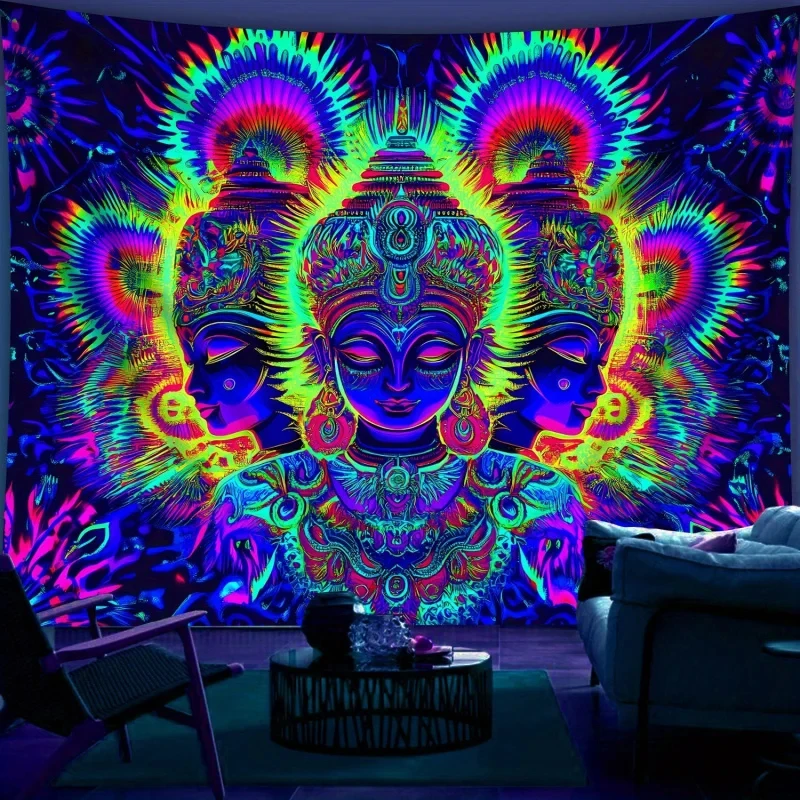 VIKAMA Blacklight Buddha Tapestry, UV Reactive Psychedelic Wall Hanging for Bedroom, Glow Party & Spiritual Decor