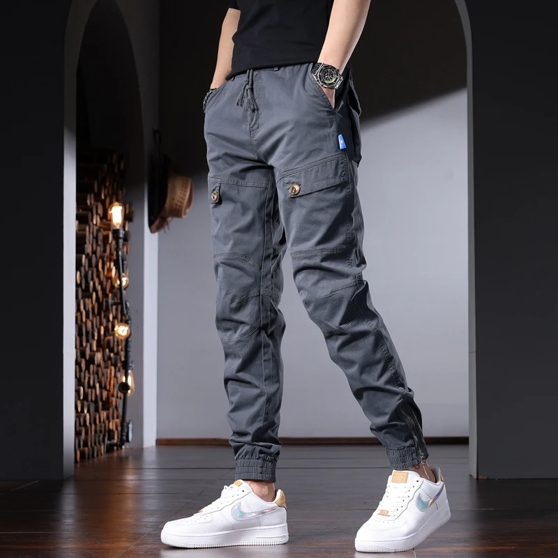 

New Men's Cargo Pants Streetwear Casual Hip Hop Gray Cotton Drawstring Trousers CP2217