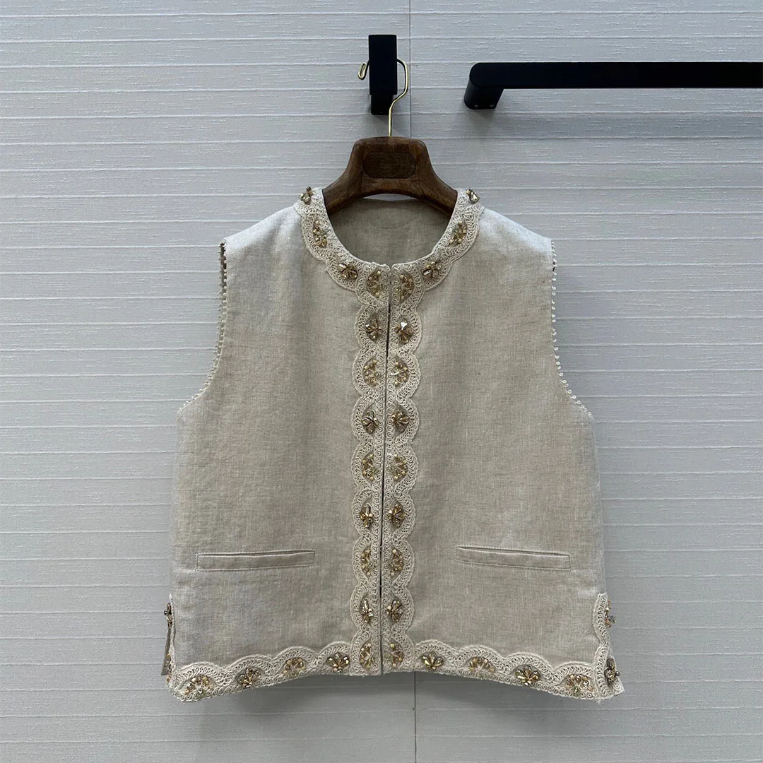 

Old Money Style Summer Linen Vest Jacket Women O-neck Sleevless Diamonds Beading Embroidery Sweet Girl Luxury Casual Tank Coat