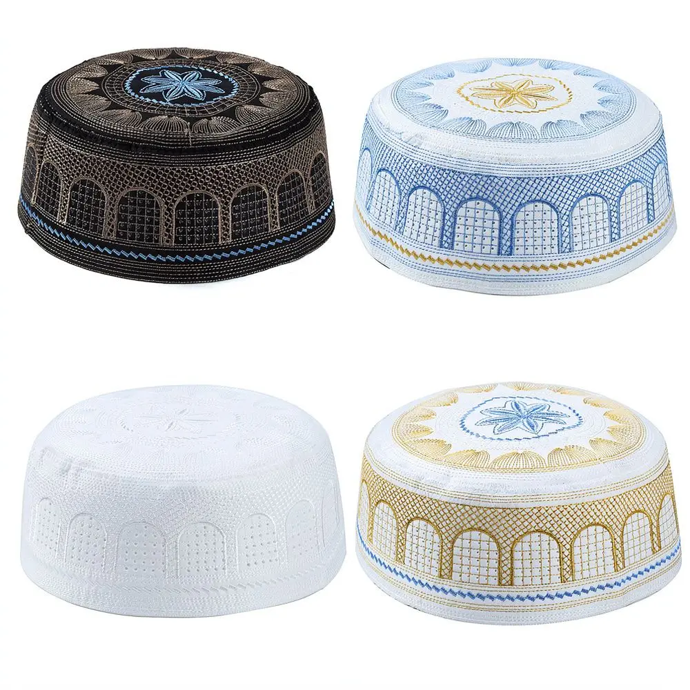 Mens Ethnic Style Embroidery Hat Muslim Prayer Cap Islamic Headgear Breathable Cotton Comfortable Flat Top Skull Hat