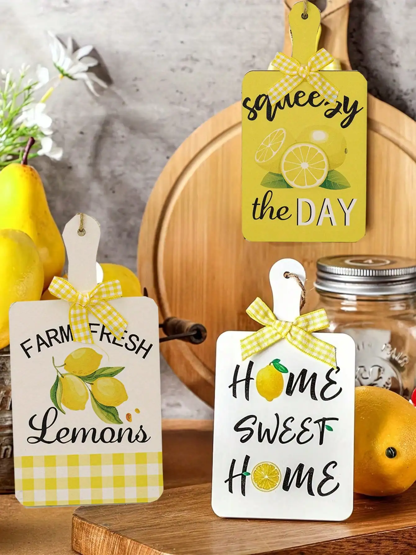 3pcs Lemon Theme Wooden Hanging Decorations Summer Party Fruit Lemon Listing Wooden Crafts Kitchen Decorations