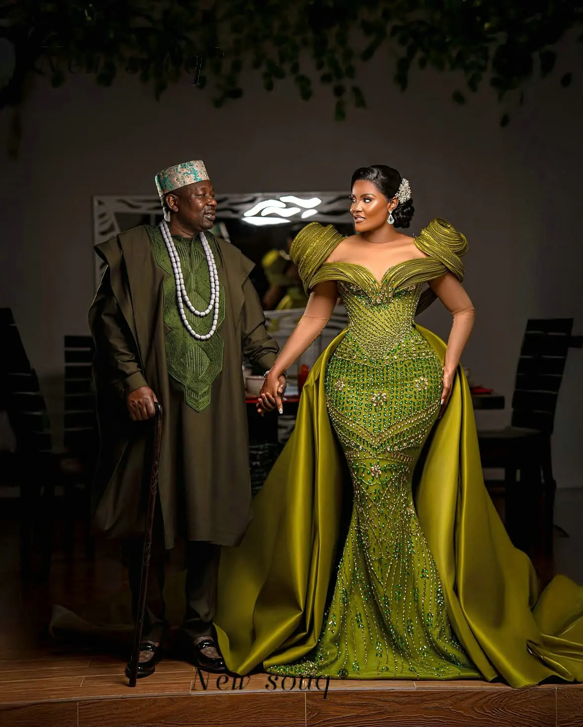 Aso Ebi Nigeria Zielone Sukienki Wieczorowe Dwuczęściowe na Imprezę, Luksusowe Kryształki, Koraliki, Suknie na Przyjęcie Weselne Plus Size, Szyte na Miarę