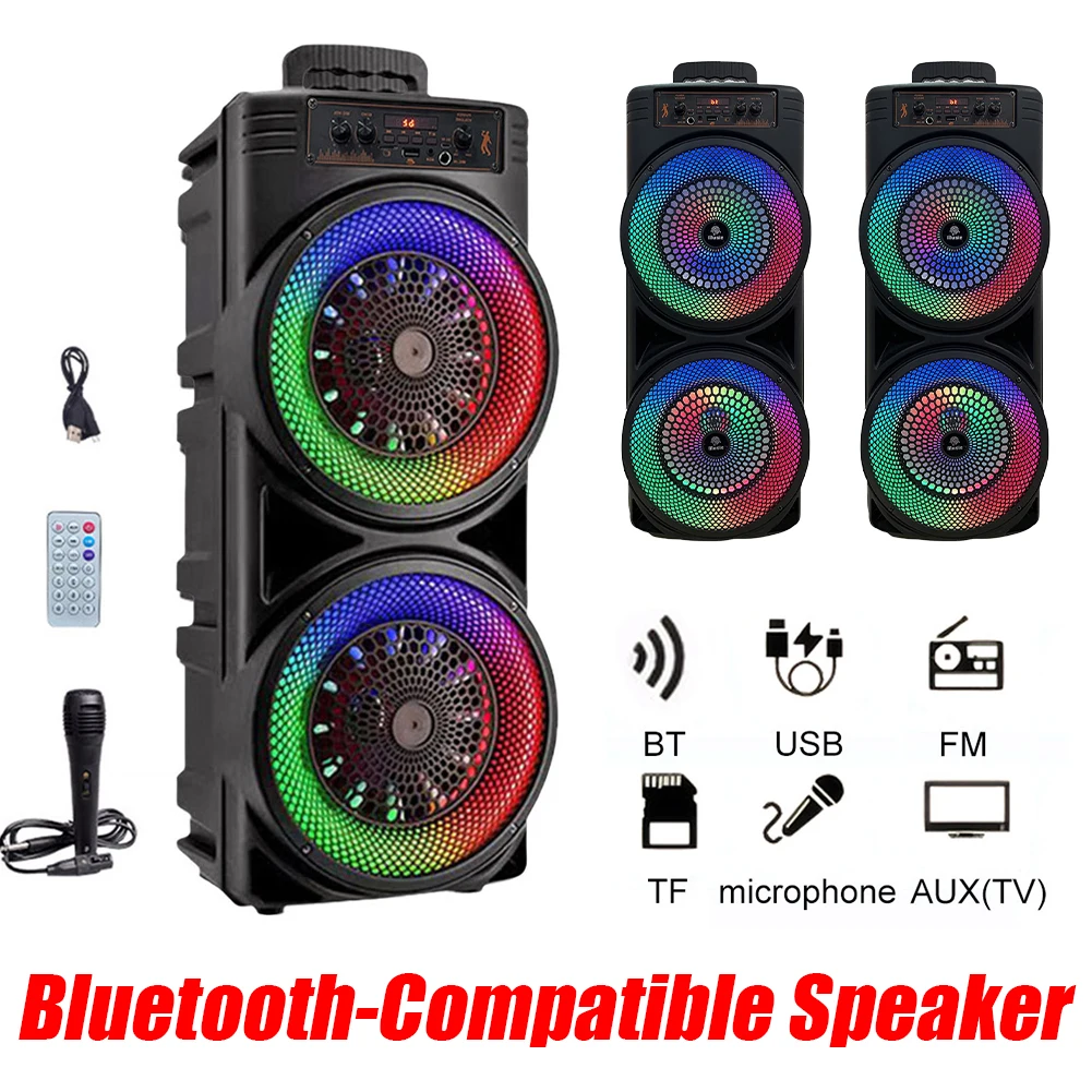 

Портативная Bluetooth-колонка для улицы с двойным сабвуфером, глубокими басами, подсветкой, поддержкой USB/TF/AUX/FM/BT/MIC, длительное время работы для вечеринок на открытом воздухе