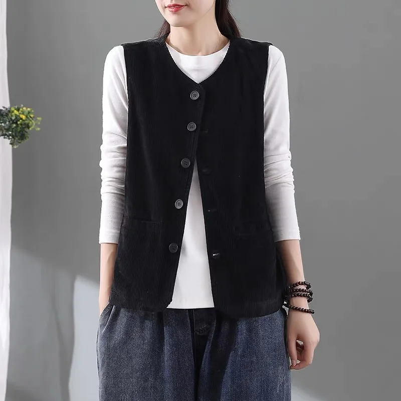 Retro Velvet Vest Sleeveless Artistic Cotton Corduroy Women's Fashionable round Neck Single Button Closure  Color